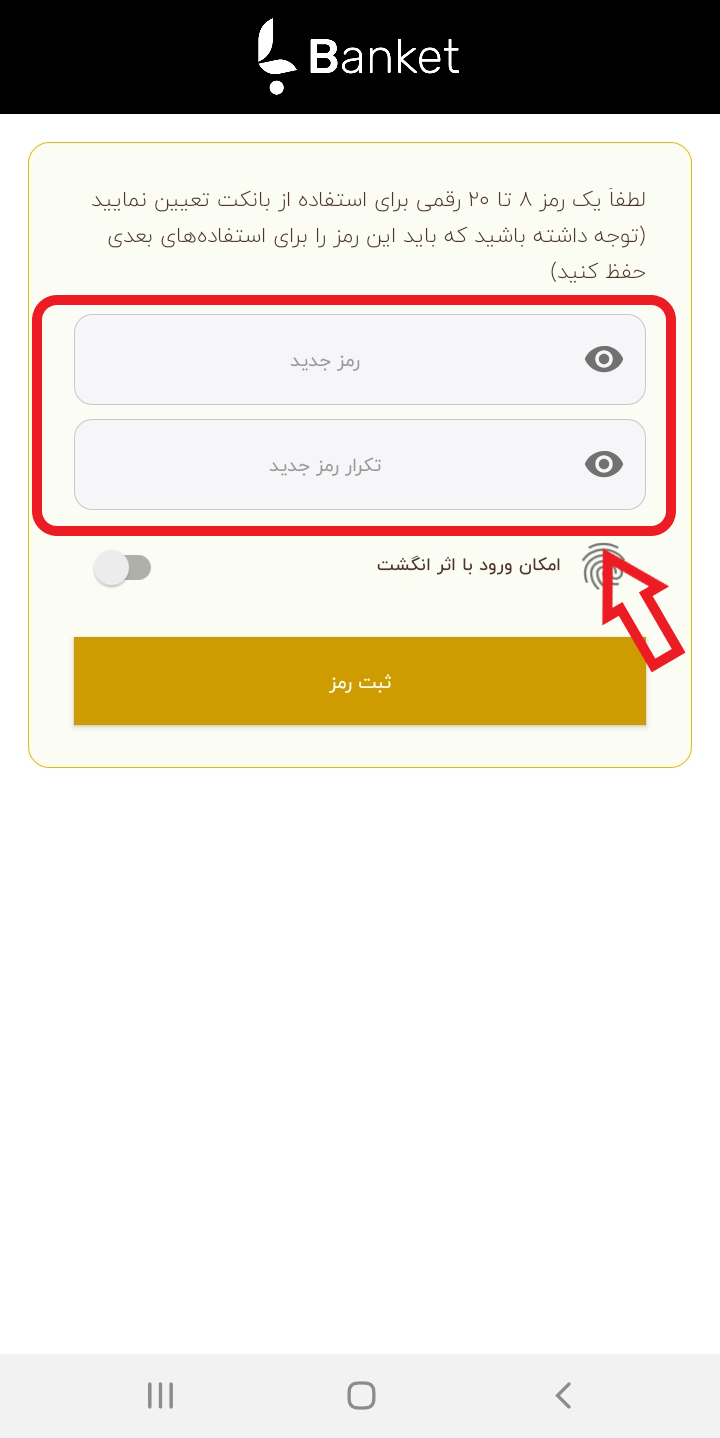 Banket application screen capture: Set password